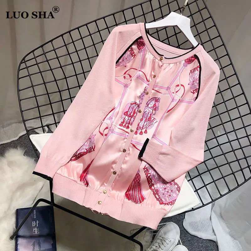 

LUOSHA Women Autumn Fashion Stain Print Flower Knitted Patchwork Single Breasted Sweater Femme Jumper Sueter Mujer