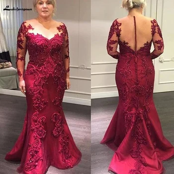 

Dark Red Mother Of The Bride Dresses 2020 Lace Appliuque Beading Illusion Long Sleeves Formal Wedding Groom Mother