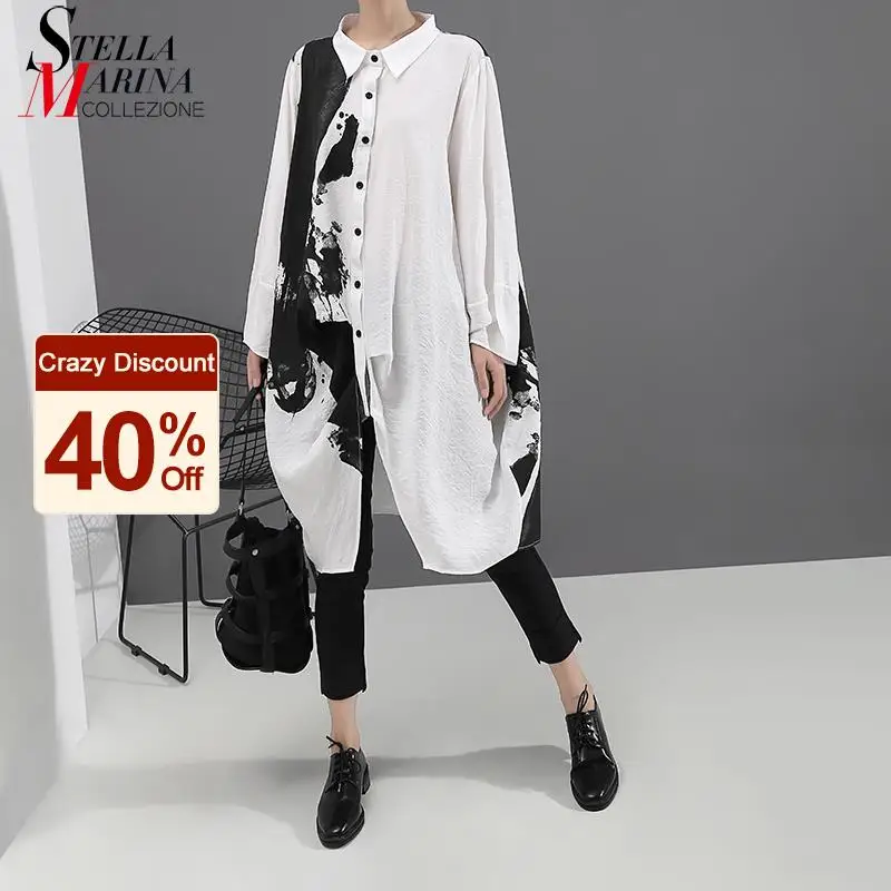 Dress Painting Loose Robe Print-Shirt Long-Sleeve Korean-Style White Plus-Size Femme