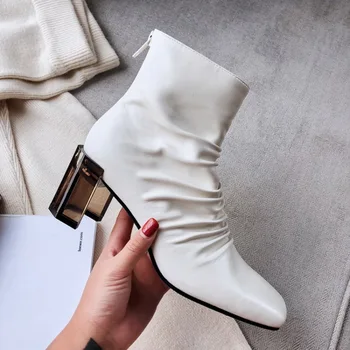 

Pleated Leather Ivory ankle boots transparent strange heel square toe winter shoes women