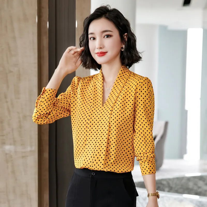 Yellow dots Dushicolorful Повседневное с длинным рукавом шифон Леопардовый принт Блузка офисная для женщин с v-образным вырезом блузка для вечеринок Для женщин элегантные дамские Топы Блузки - Цвет: Yellow dots