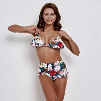 

Sexy Women Swimsuit Bandage Bikinis Brazilian Women Swimsuit High Waist Swimwear Women's Bikinis Set Ruffle Floral Print Biquini