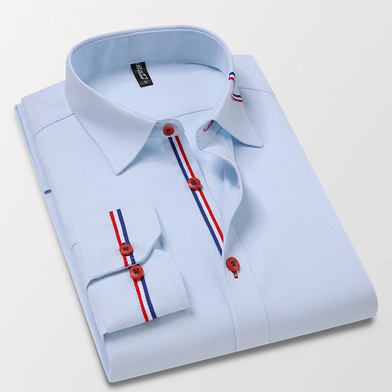 Men's Long Sleeve Oxford Striped Casual Shirt Front Patch Regular-fit Button down Collar Thick Work Shirts Long Sleeve Shirt Men Casual Shirt