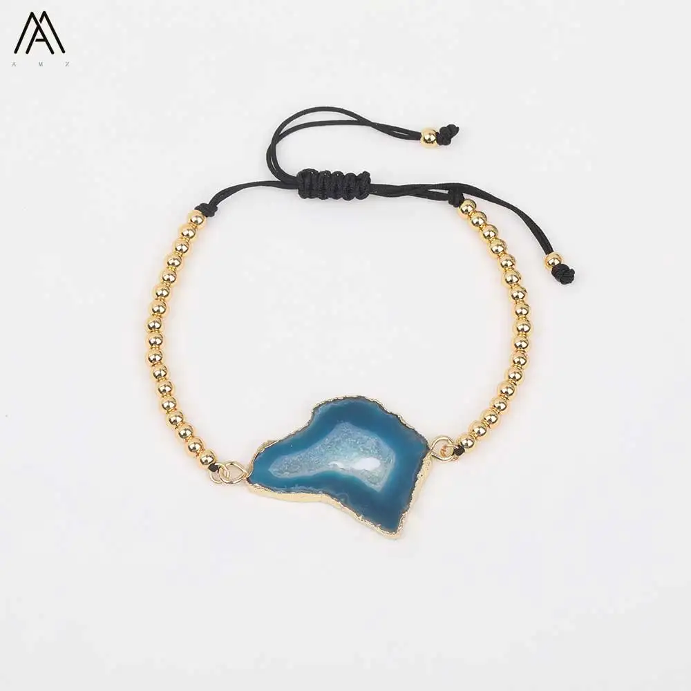 Sky Blue Модные женские 4 мм золото медь круглый шарик нерегулярные плиты срез камня, подвеска из друзы Drusy шнур завязанный регулируемый браслет N0052AMAC - Цвет: Sky Blue