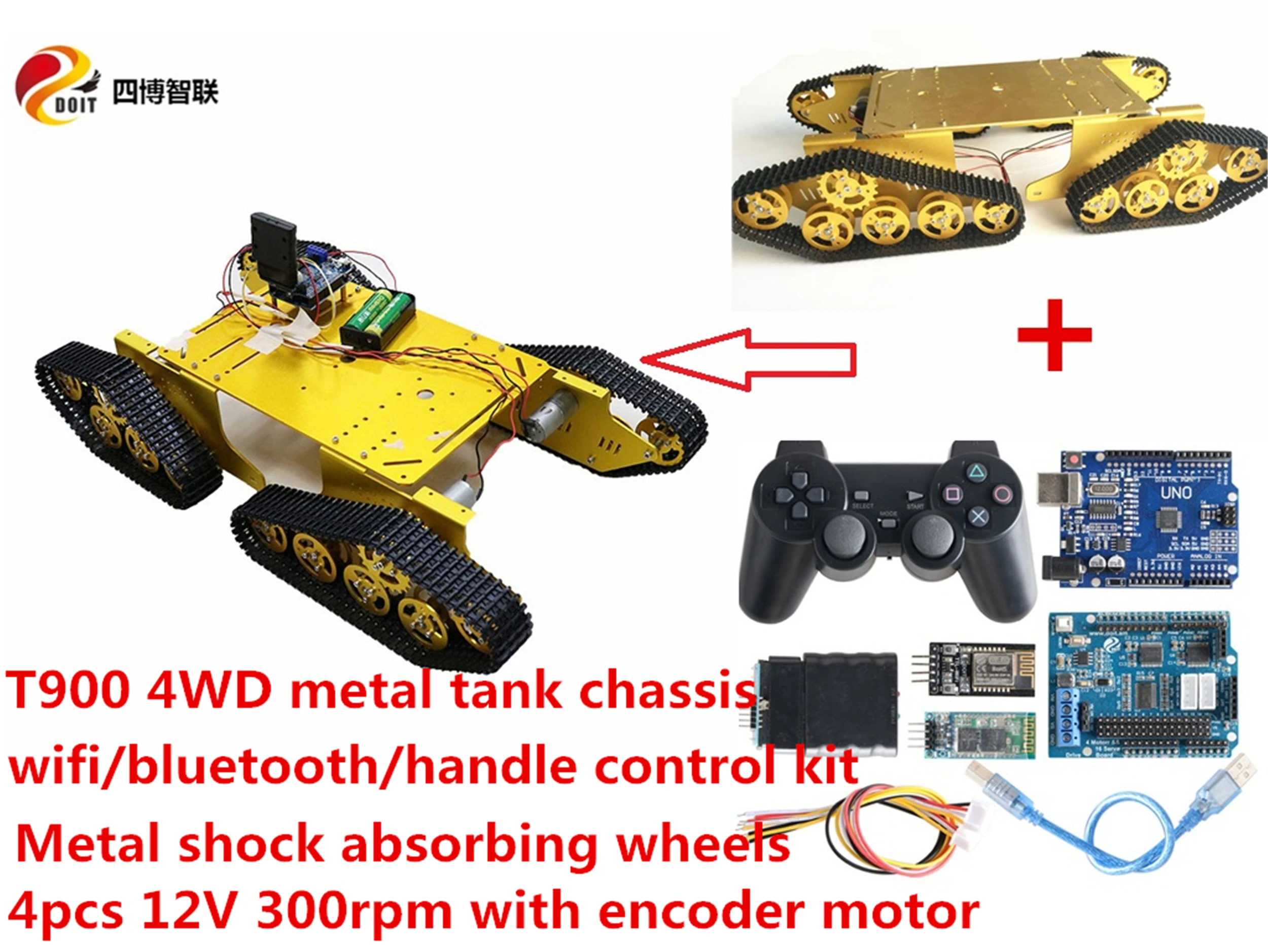

SZDOIT Wifi/Bluetooth/Handle Wireless Remote Control 4WD Metal T900 Shock Absorbing RC Robot Tank Chassis Kit DIY For Arduino