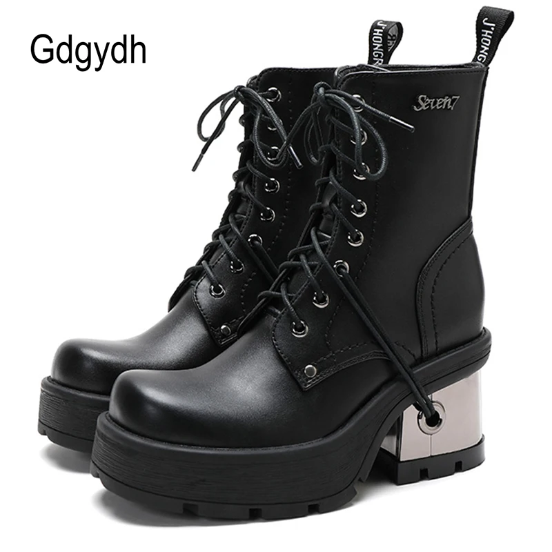 

Gdgydh Metal Heel Black Punk Platform Motorcycle Boots Women Rubber Sole Thick Heel Leather Ladies Demonia Boots Top Quality