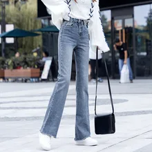 3113 осенние женские джинсы клёш корейская мода Push Up Bell джинсы с кроем для женщин дамы полная Длина Высокая талия джинсовый, синие джинсы Femme