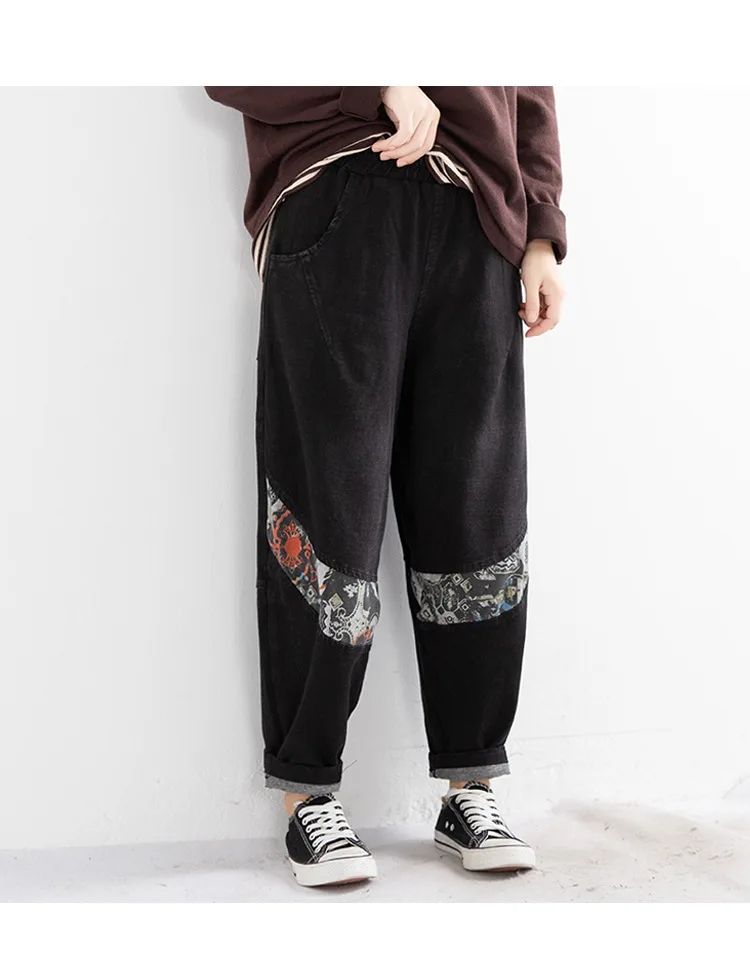 Women Pants Autumn Winter Retro Loose Elastic Waist Casual Trousers New Print Spliced Female All-match Pants