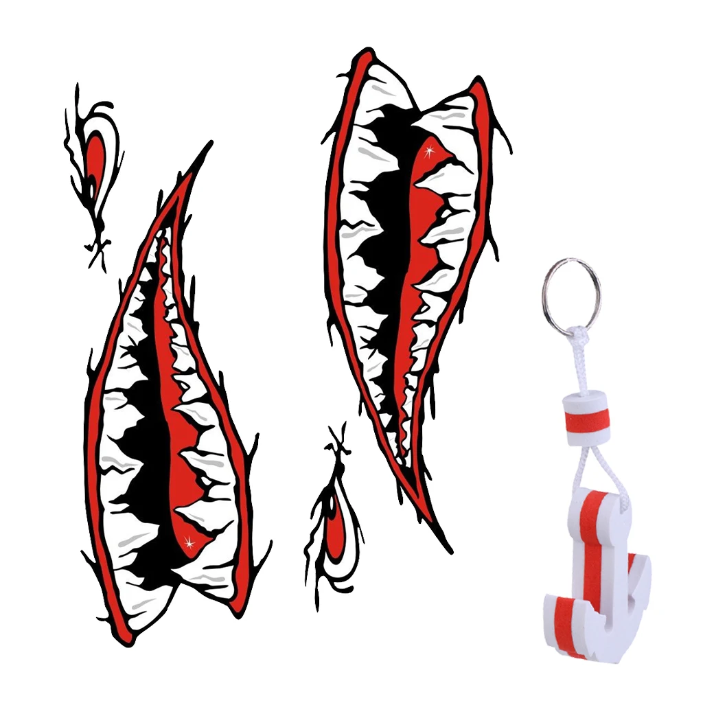 2 Pieces Shark Mouth Teeth PVC Car Yacht Boat Decal Sticker Decor + White Anchor Floating Key Chain Key Ring