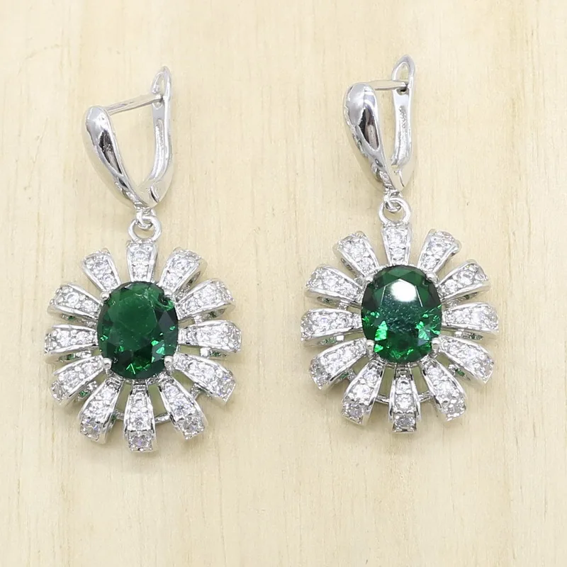 Цветок Зеленый Кристалл 925 серебряные Свадебные украшения наборы для женщин серьги кольца ожерелье кулон подарок на день рождения коробка