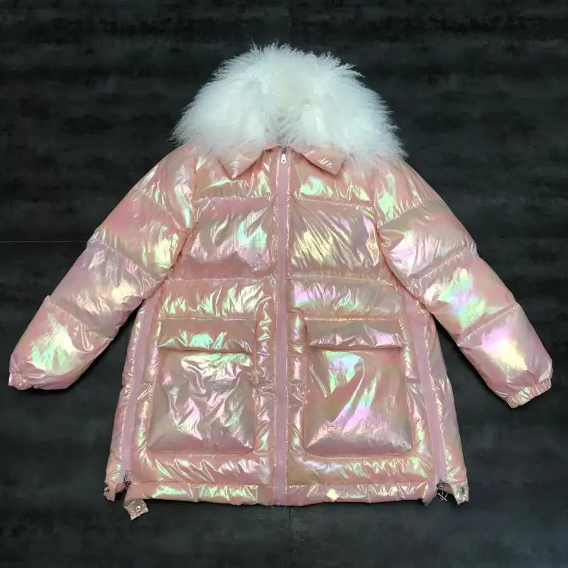 

New large lambs collars dazzle colour fabric side zipper long cotton padded jacket cotton padded clothes