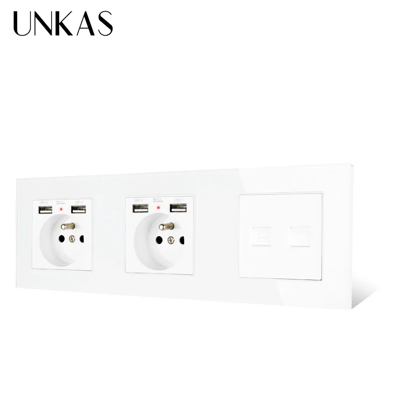 Двойная французская стандартная розетка UNKAS со стеклянной панелью и 4 USB портами