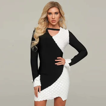 

DressBird 2020 New Summer Black&White Bandage Dress Sexy V-Neck Long Sleeve Women Dress Evening Runway Party Club Dress Vestidos