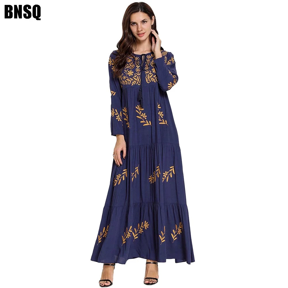 BNSQ Comfortable cotton embroidered long dress neckline with multi ...