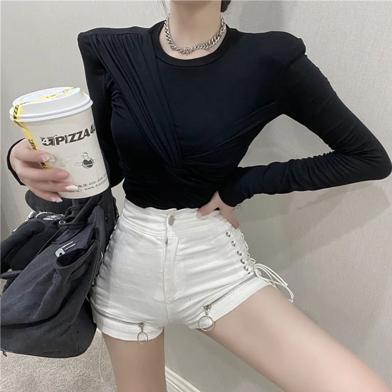 GALCAUR Korean T Shirt For Women O Neck Long Sleeve Cross Ruched Slim Knitting Oversized T Shirts Female 2020 New Autumn Clothes
