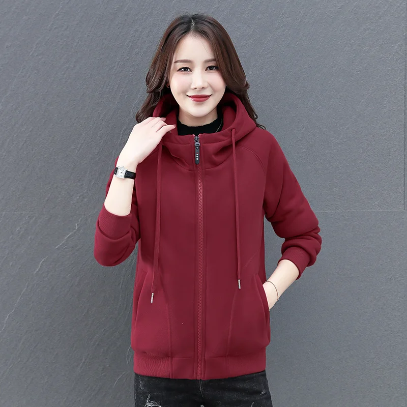 2023 New Lady Loose Korean Pure Color Hooded Jacket Autumn Winter Warm Plush Thickened Women'S Top Clothes