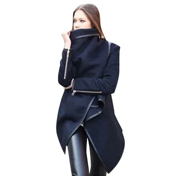

Women Winter Coat Long Trench Navy Blue Cotton Solid Button Collar Double Breasted Elegant Plus Size Women Clothes New Wool Coat
