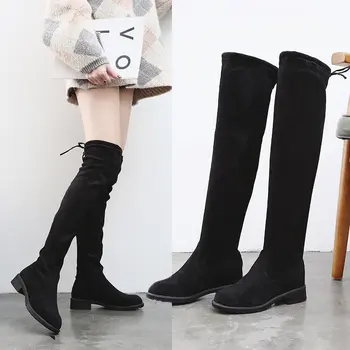 

up over knee boots, thick heel and Autumn and winter lace flat bottom show thin elastic boots, women's