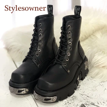 

Hot Thick-soled Punk Martin Boots For Women Lace Up Chunky Heel Flat Platform Military Army Motorcycle Combat Boots Metal Decor