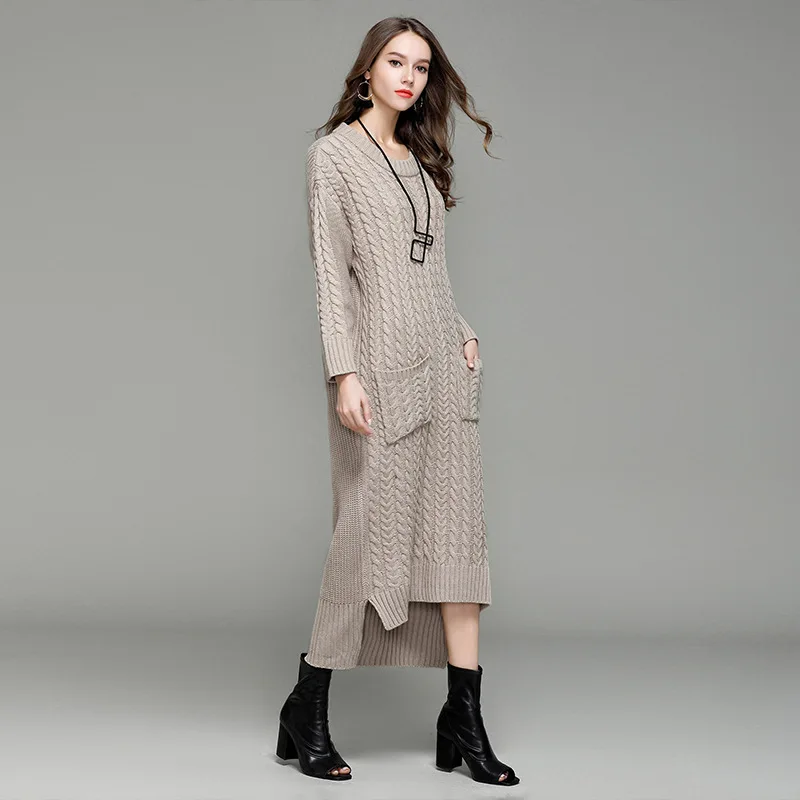 

2019 sweater dress autumn and winter women's sweater new sweater women's twisted long stretcher sweater dress knit dress