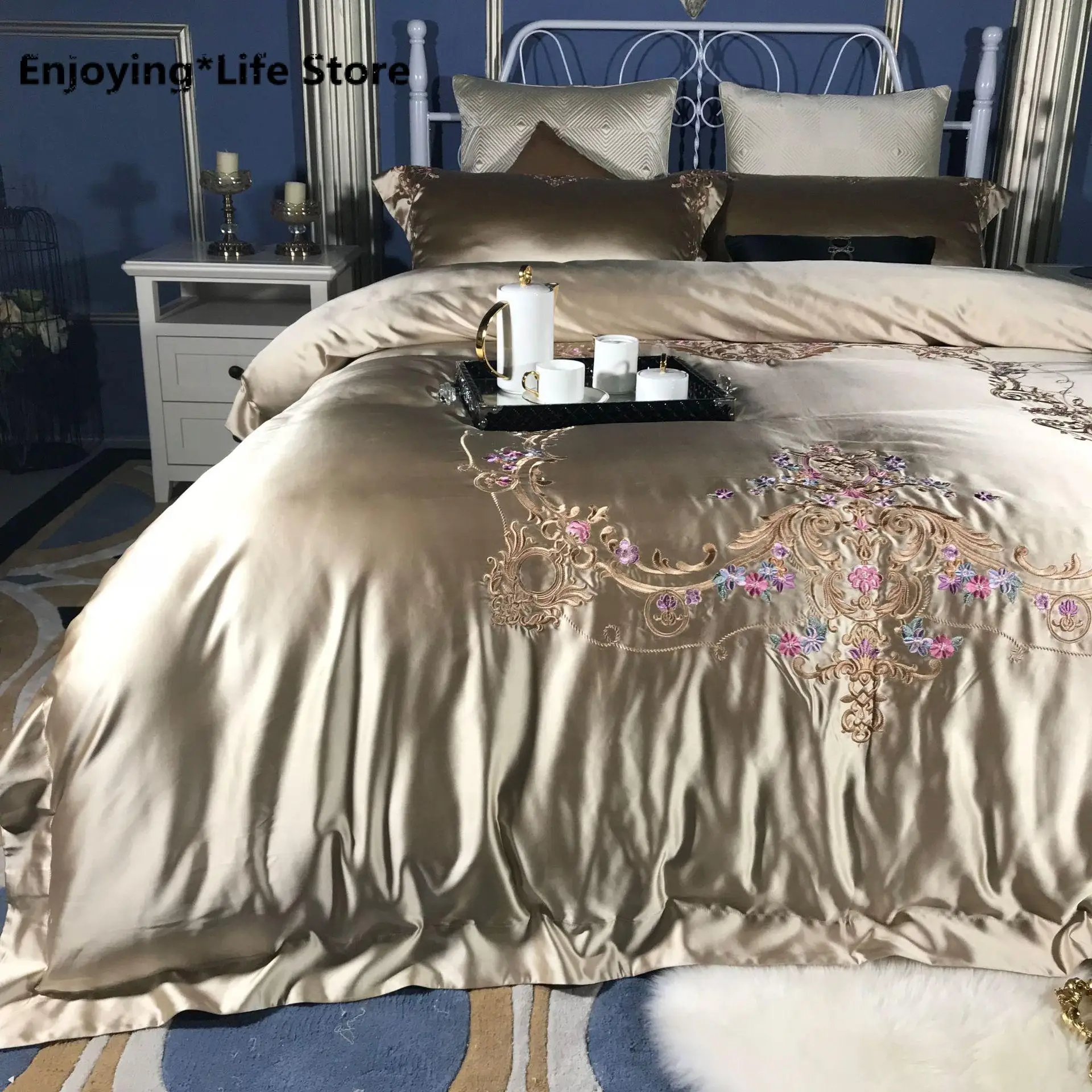 New 120S Cotton Embroidery Nordic Style Silky Bedding Set Queen Size Satin Duvet Cover Solid Color Simple B | Дом и сад
