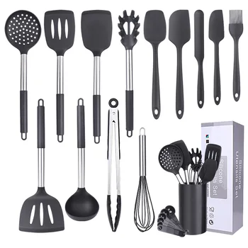 

Silicone Kitchen Utensils Set 15Pcs Kitchen Cooking Tools Set Stainless Steel Handle Kitchenware Gadgets Set Cookware Non-Stick