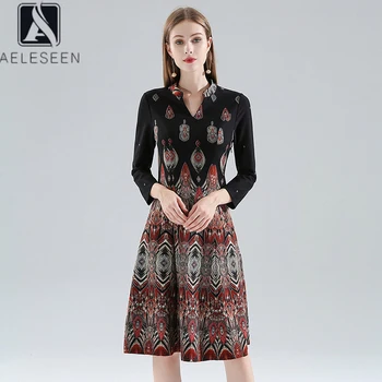 

AELESEEN Runway Fashion Plus Size Dress 2020 Spring Summer Designer V-Neck Vintage Long Sleeve Flower Print Elegant Party Dress
