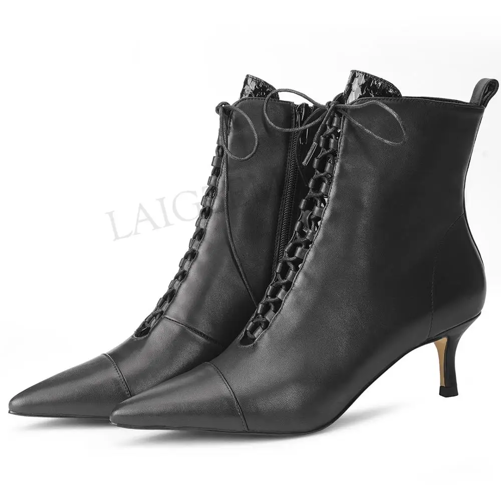 

LAIGZEM 2020 Celebrity Women Booties Kitten Heels Lace Up Winter Boots Zip Botines Leather Suede Shoes Botas Mujer Size 34 39