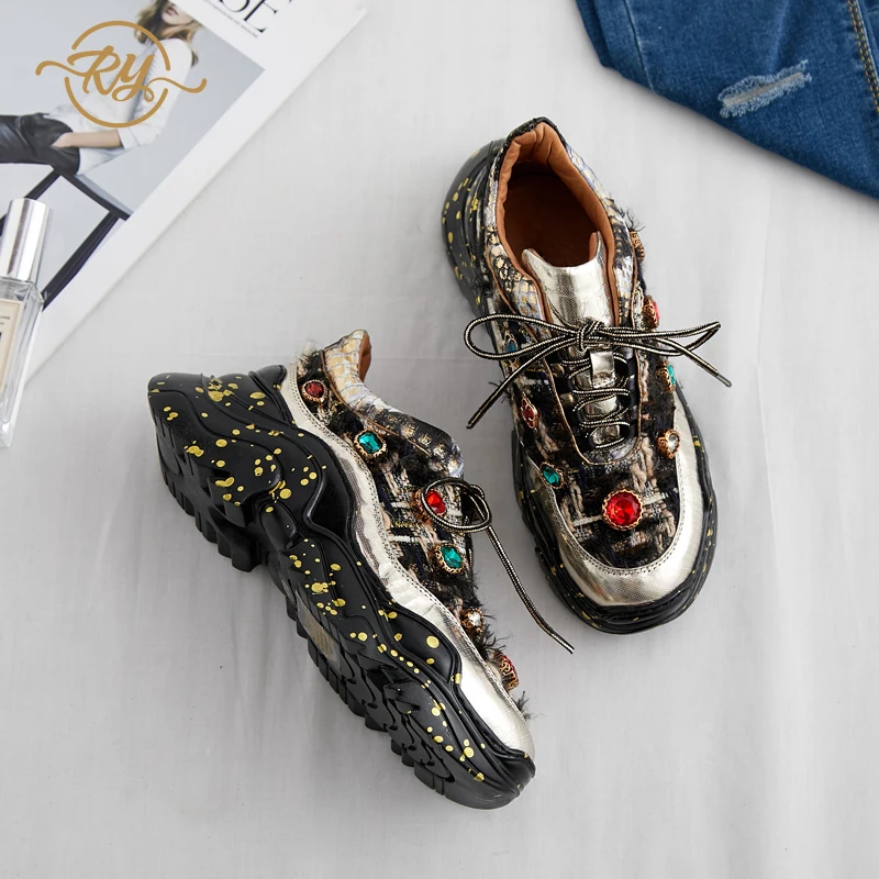 

RY-RELAA womens sneakers 2018 fashion Genuine Leather wedges shoes for women INS style Rhinestone womens shoes designer shoes