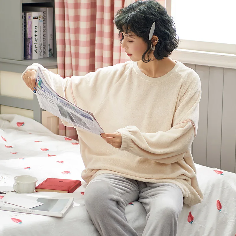 

1120 # Solid Color Pullover LM High Quality Long Sleeve Brushed And Thick Sweet Pajamas Tracksuit Two-Piece Set