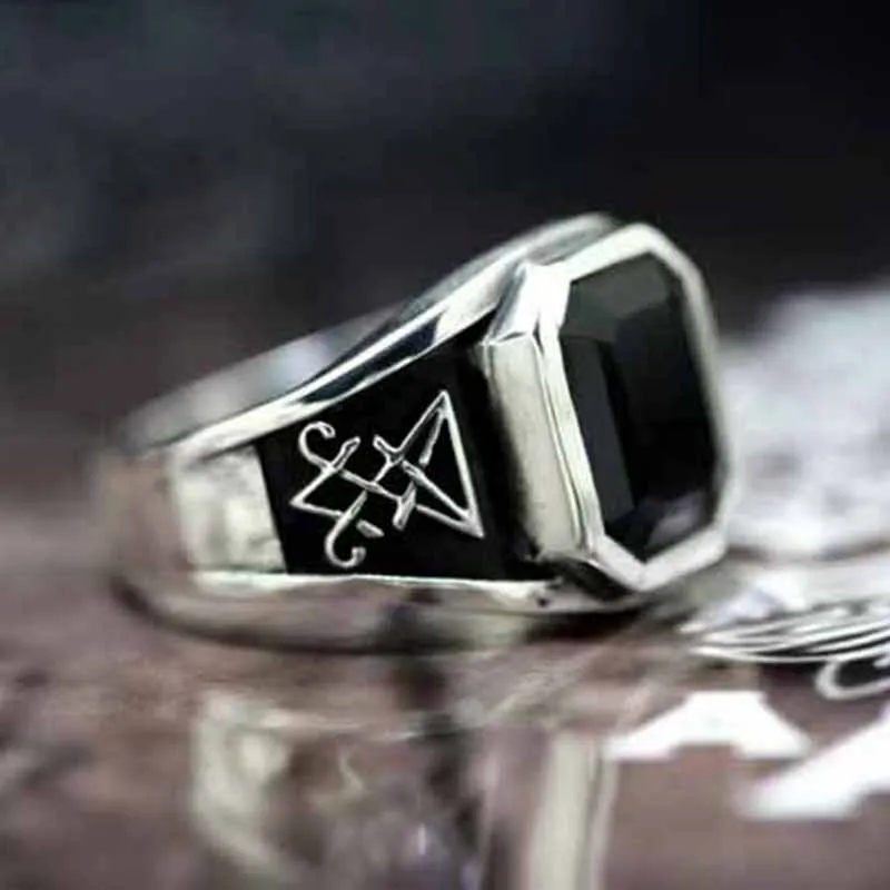 Vintage Gothic Lucifer Seal of Satan Signet Rings Punk Stainless Steel Seal Rings With Black Stone Pagan Jewelry Party Man Gift stainless steel ring signet ring finger ring
