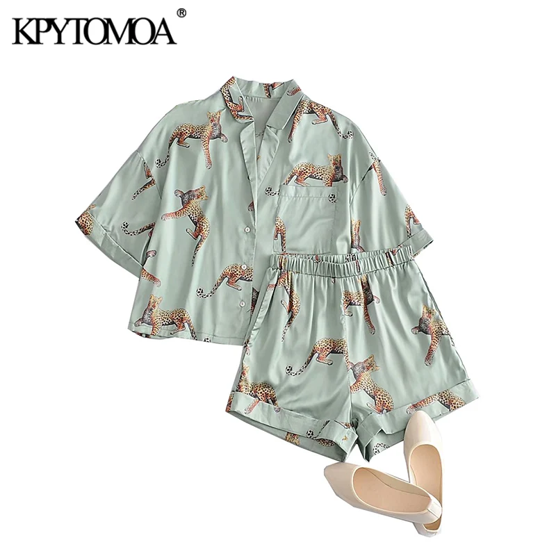 KPYTOMOA-Conjunto de dos piezas para mujer, blusa holgada con estampado de animales, pantalones cortos de cintura elástica con bolsillos, blusas Chic para mujer 2021