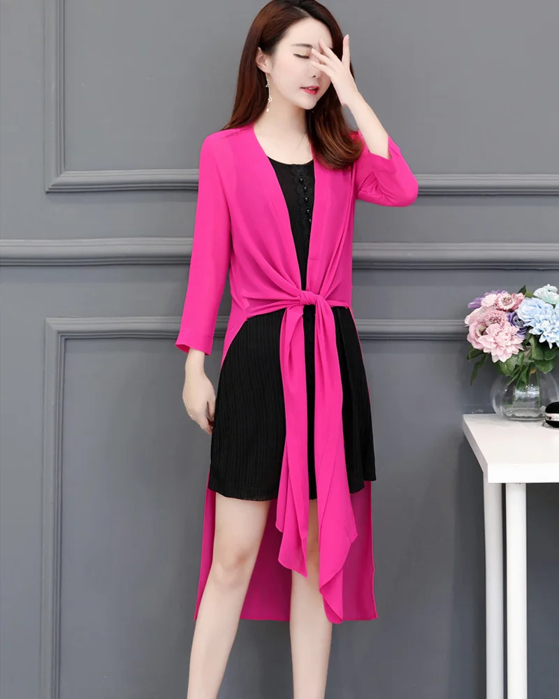 Rose red Женский шифоновый кардиган размера плюс 5XL на весну и лето, длинный тонкий однотонный кардиган, женский свободный свитер - Цвет: Rose red