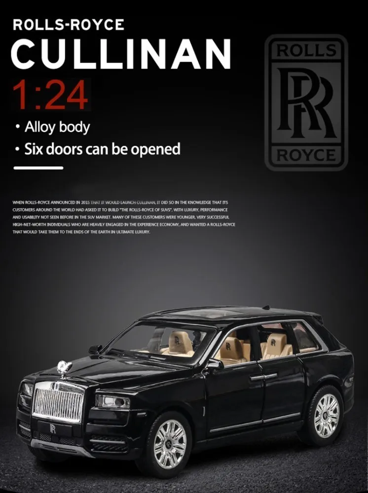 1:24 Rolls Royce Cullinan, модель автомобиля из сплава, большой размер, имитация внедорожника, металлическая модель автомобиля, светильник со звуком, вытяжка, 6 дверей