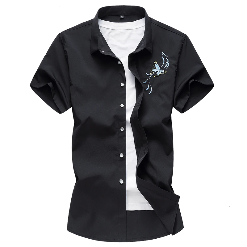 

Chinese style embroidery butterfly pattern simple short sleeve shirt Summer New quality soft comfortable boutique men shirtM-7XL
