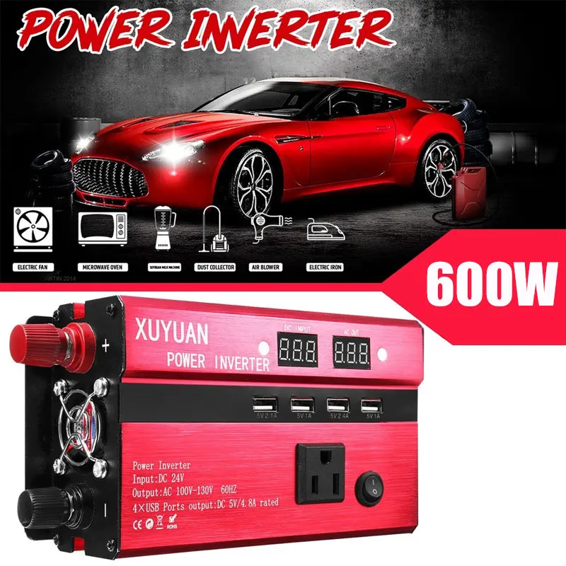 Vehemo 600 Вт пик DC12V к AC110V авто Инвертор автомобильный инвертор открытый красный алюминиевый сплав автомобиля солнечной энергии инвертор светодиодный