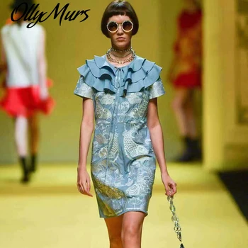 

2020 Autumn Ruffled Collar Bow Embroidery Flowers Elegant Temperament Short Sleeve Banquet Mini Dress Night Club Party Dress