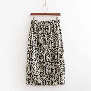 

Spring 2020 women's new French street-style hot sequins embellished high-waisted skirt animal pattern sexy leopard print skirt