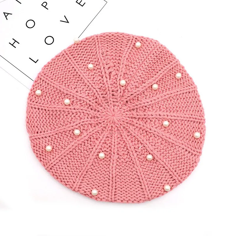 WZCX Pearl Inlay Solid Color Knitting Girl Beret Fashion New Keep Warm Autumn Winter Casual Tide Outdoor Women'S Hat Adult Cap
