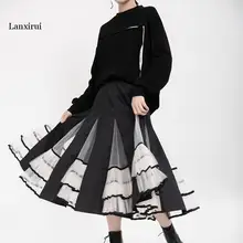 Высокая талия черная органза Сплит Плиссированные Темперамент Половина тела юбка женская мода волна новая весна осень