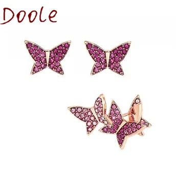 

SWA High Quality Asymmetric Color Butterfly Earrings Fashion Pink Butterfly Lady Stud Earrings Three-piece Jewelry For Women