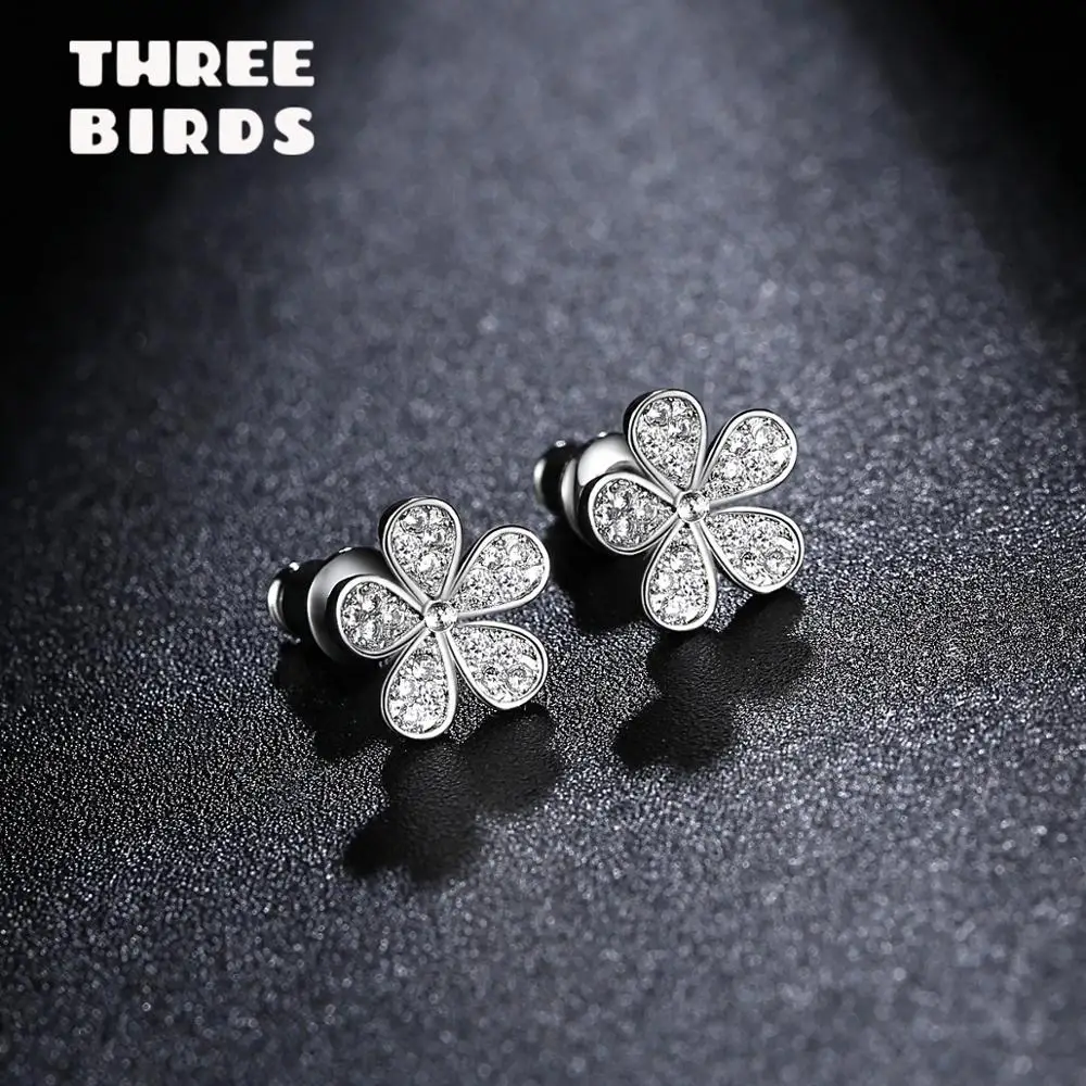 Крошечные модные кубические циркония кристалл пять листьев цветок проложить Cz камень серебряные серьги гвоздики для женщин девочек маленькие ювелирные изделия E-H0348