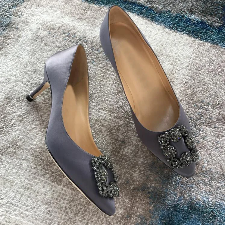 KALMALL scarpe donna Crystal Tacco шелковые бриллианты на высоком каблуке с острым носком свадебные женские вечерние туфли Chaussure Femme - Цвет: Темно-серый