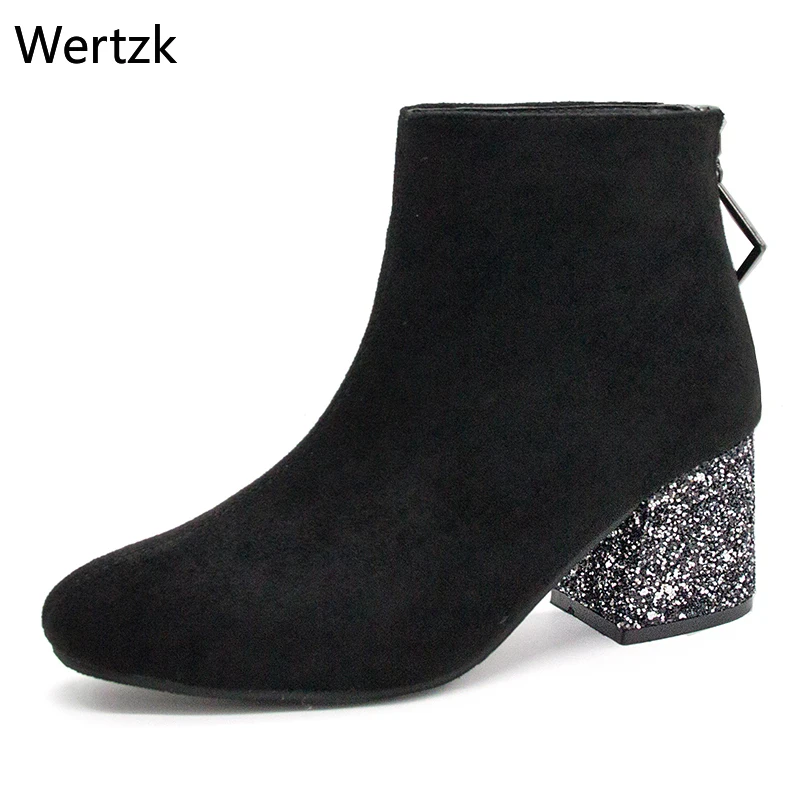 New Winter Women Black Motorcycle Boots Bling Sequin High Heel Zipper Square Toe Warm Ankle Chelsea Botas Mujer A810