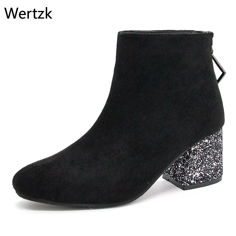 

2019 New Winter Women Black Motorcycle Boots Bling Sequin High Heel Zipper Square Toe Warm Ankle Chelsea Botas Mujer A810