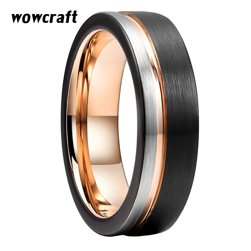

6mm Rose Gold & Black Tungsten Carbide Ring Womens Wedding Ring Couples Engagement Band Brushed Finish Grooved Comfort Fit