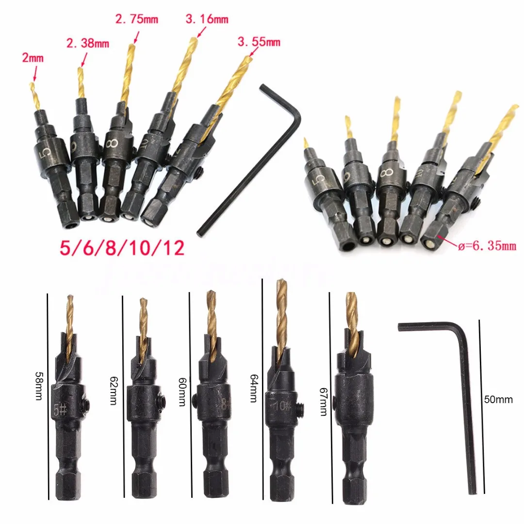 DWZ 5pcs 5~12mm HSS Woodworking Countersink Chamfer Drill Bit Screw Set & Wrench