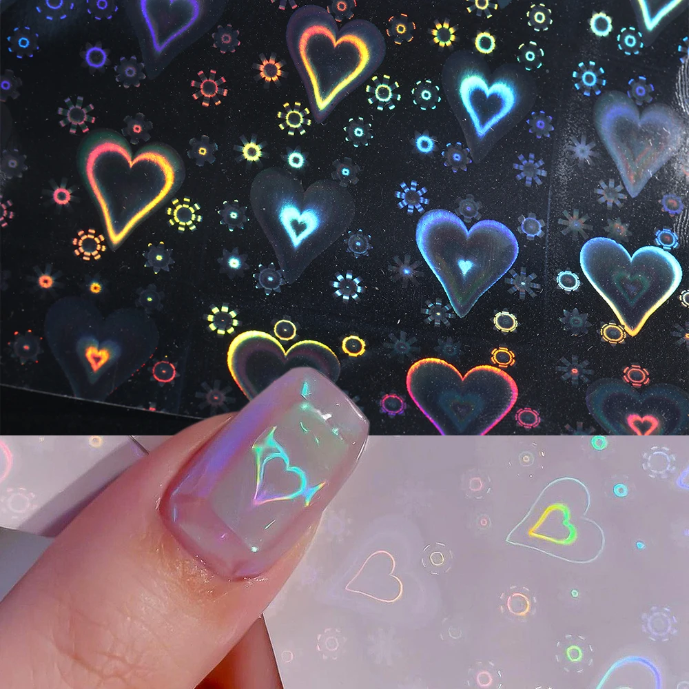 3D Laser Heart Nail Art Sticker Holographic Stars Sliders Aurora Films Glass DIY Design Shiny Decals Manicure Wraps GL1982 | Красота и