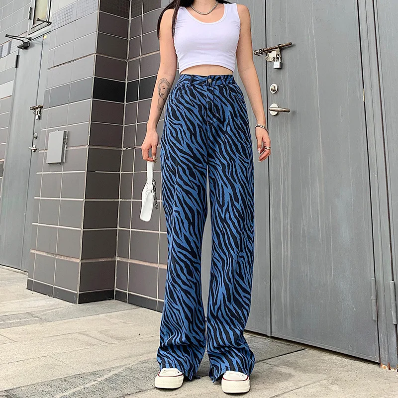 

Women's High-Waist Wide-Leg Jeans Blue Striped Straight-Leg Slim-Fit Jeans Women's 2020 Autumn New Trousers Street Trend