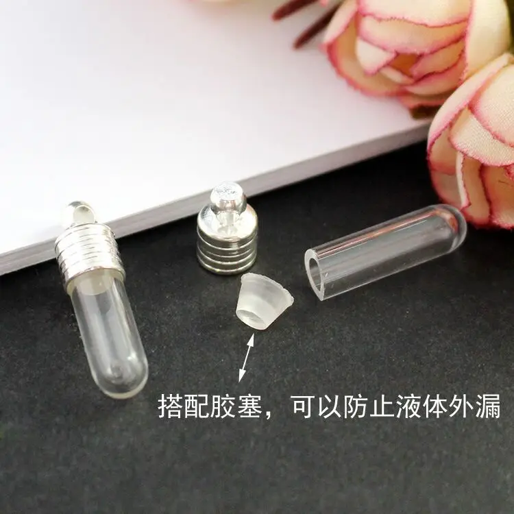 Tube shape glass Vial Pendant (metal cap with rubber plug mini glass charm/ bottle miniature vials jewelry necklace gift